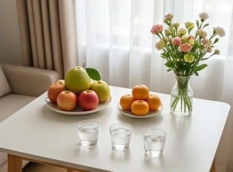 Đĩa trái cây và ly nước lọc đặt ngay ngắn trên chiếc bàn nhỏ trong không gian phòng trọ mới thuê
