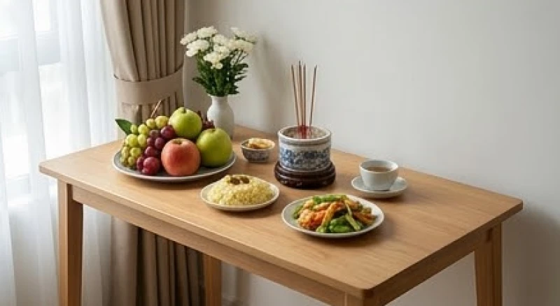 Văn khấn gia tiên rằm tháng 7 chuẩn cổ truyền và cách sắm lễ 6 Mâm lễ cúng tạm với hoa tươi quả ngọt được bày biện gọn gàng trên chiếc bàn cao trong phòng