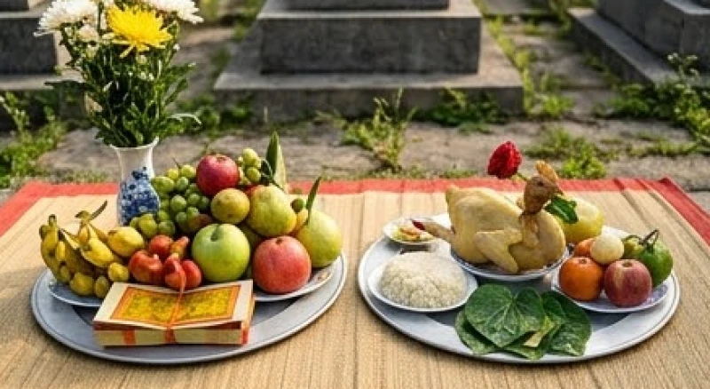 Hai mâm lễ cúng riêng biệt dành cho ban Quan Thần Linh và phần mộ gia tiên
