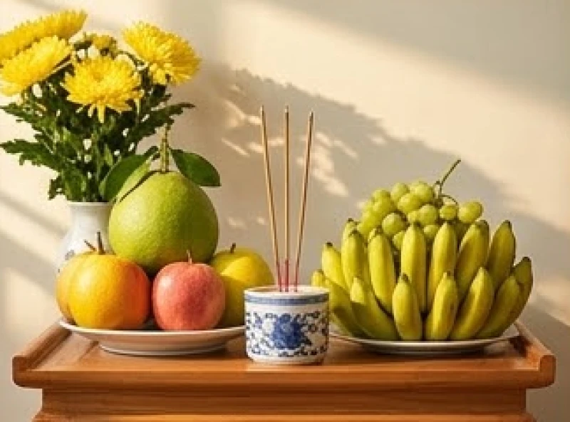 Không gian ban thờ ngày rằm mùng một được dọn dẹp sạch sẽ cùng mâm hoa quả tươi thắm dâng lên Thổ công