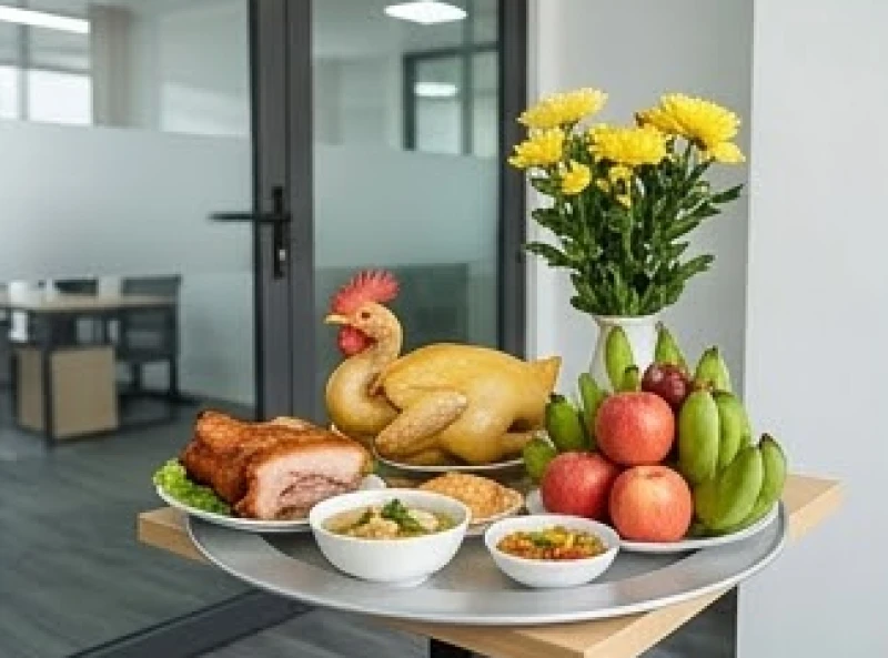 Bàn cúng rằm tháng Giêng được đặt trang trọng trước cửa công ty với mâm hoa quả và gà luộc cầu tài lộc