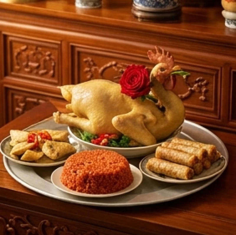 Mâm cỗ mặn truyền thống tươm tất với xôi gấc và gà luộc dâng lên ban thờ ngày rằm