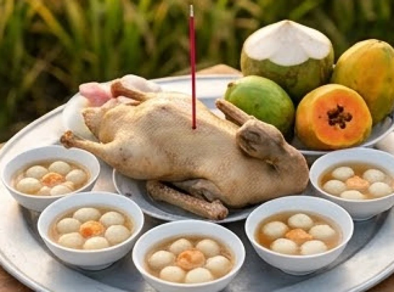 Mâm cúng ruộng của người miền Nam bao gồm vịt luộc cắm nhang và bát chè trôi nước