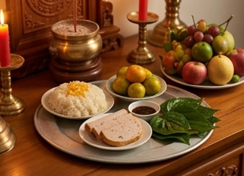 Mâm ngũ quả và các vật phẩm cúng lễ được bày biện trang nghiêm trước khi xin phép rút chân hương