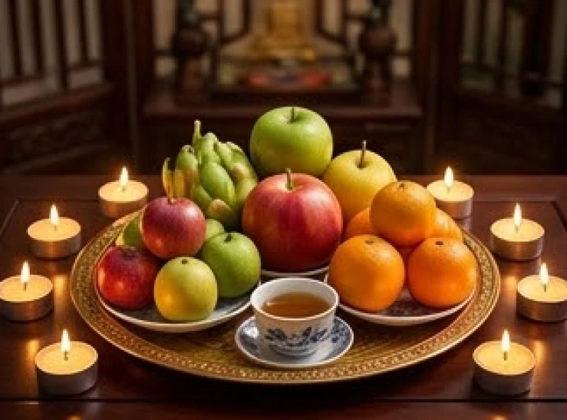 Chuẩn bị mâm cúng sao giải hạn với nến và hoa quả ngũ sắc tươi mới