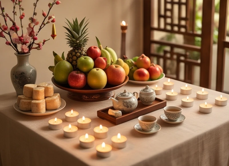 Mâm cúng sao giải hạn với nến, hoa quả và bài vị được chuẩn bị tươm tất