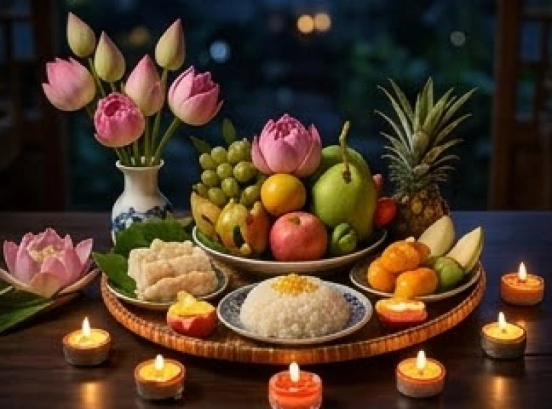 Mâm lễ cúng sao tinh khiết với hoa tươi trái cây xôi chè và những ngọn nến lung linh