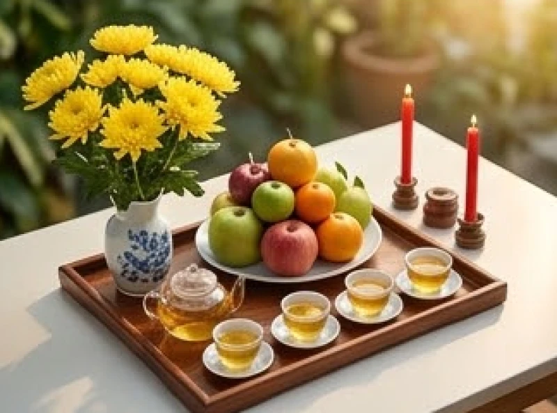Mâm cúng sao giải hạn với hoa tươi, trái cây, nước trà và nến được chuẩn bị tươm tất