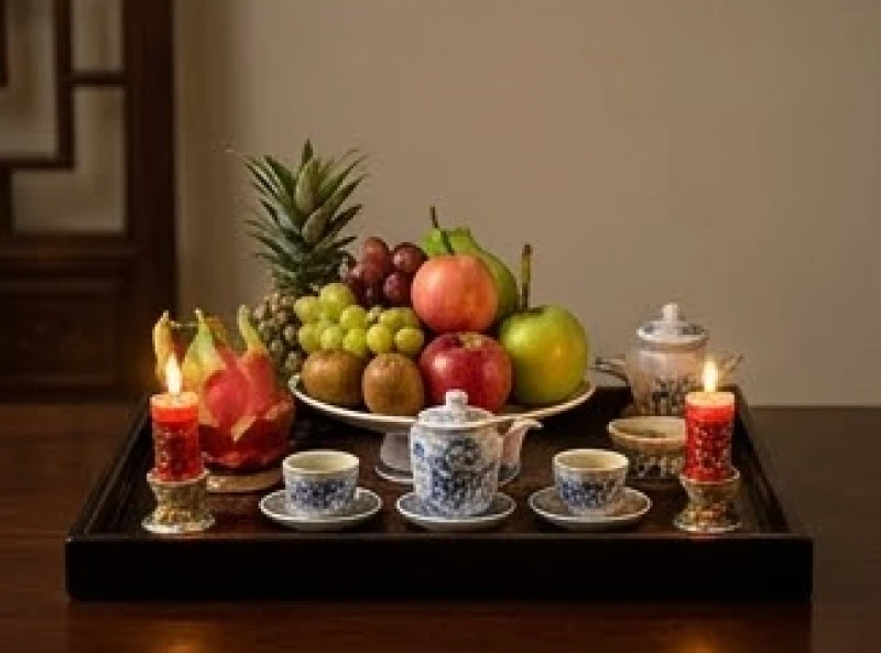Mâm lễ cúng dâng sao giải hạn được chuẩn bị trang nghiêm với trái cây, trà và nhang đèn