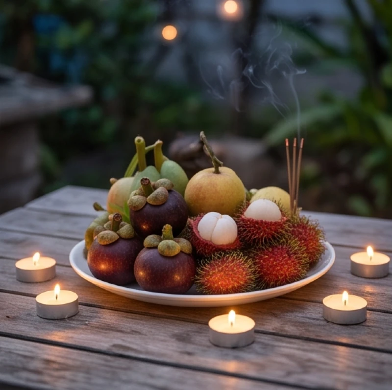 Mâm ngũ quả tươi sáng và những ngọn nến nhỏ chuẩn bị cho nghi thức dâng sao giải hạn