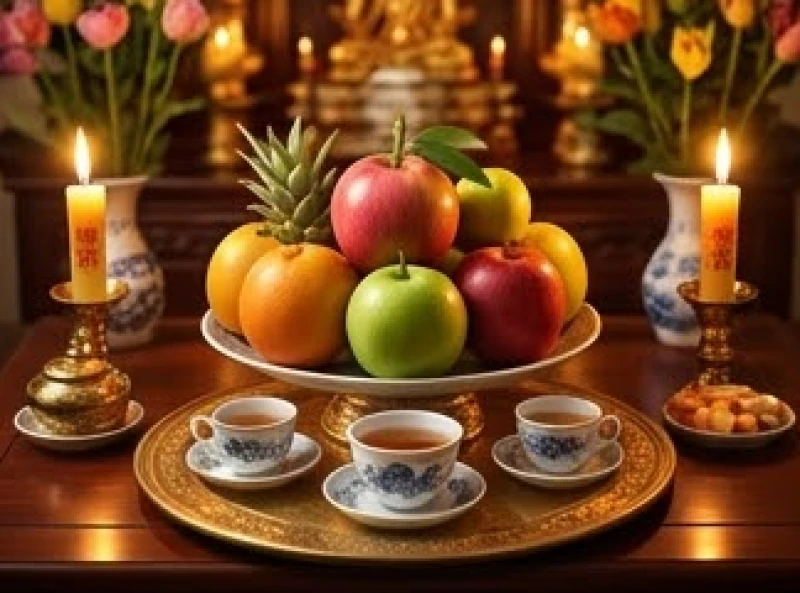 Mâm ngũ quả và những ngọn nến sáng được chuẩn bị cẩn thận cho nghi thức cúng sao