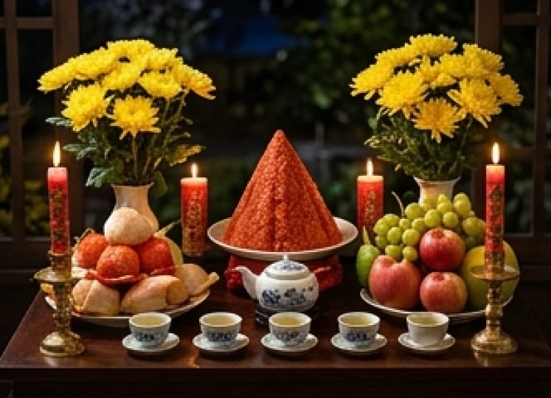 Mâm cúng dâng sao giải hạn được sắp xếp tươm tất với hoa cúc vàng, oản đỏ và đèn cầy