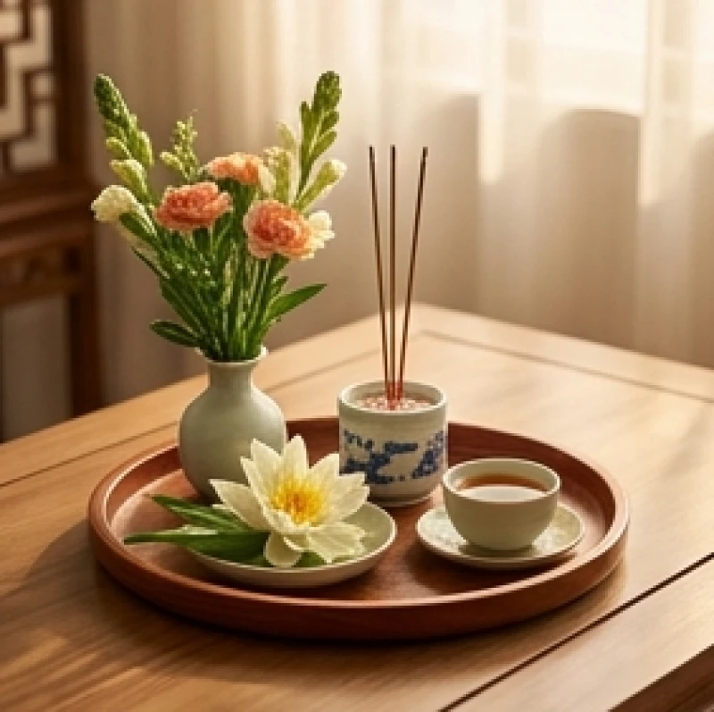 Mâm lễ cúng sao giải hạn với hương hoa tươi và vật phẩm giản dị nhưng vô cùng trang nghiêm