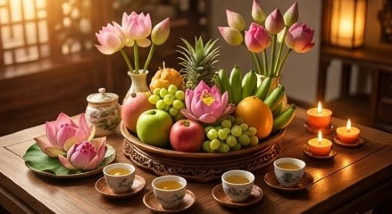 Mâm cúng sao giải hạn với hoa tươi, trái cây, trà nước và nến được sắp xếp vô cùng trang nghiêm