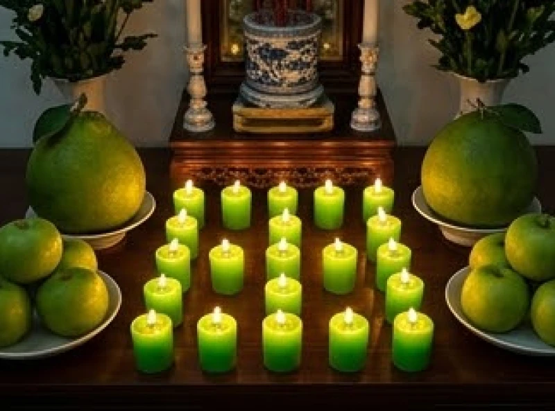 Tử vi tuổi Canh Thìn 1940 năm 2026: Sức khỏe và mâm cúng sao 7 Mâm lễ cúng sao Mộc Đức với 20 ngọn nến và hoa quả màu xanh lá được bày biện trang nghiêm