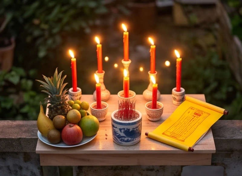 Bàn lễ cúng sao Thái Âm với bảy ngọn nến sáng và bài vị màu vàng được đặt về hướng Tây