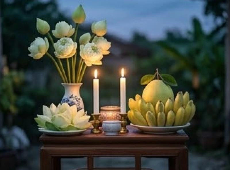 Mâm lễ vật cúng sao với tông màu trắng chủ đạo gồm hoa tươi và trái cây