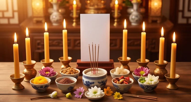 Mâm lễ vật cúng sao với 8 ngọn nến lung linh và bài vị màu trắng, được bày biện chỉn chu hướng về phía Tây
