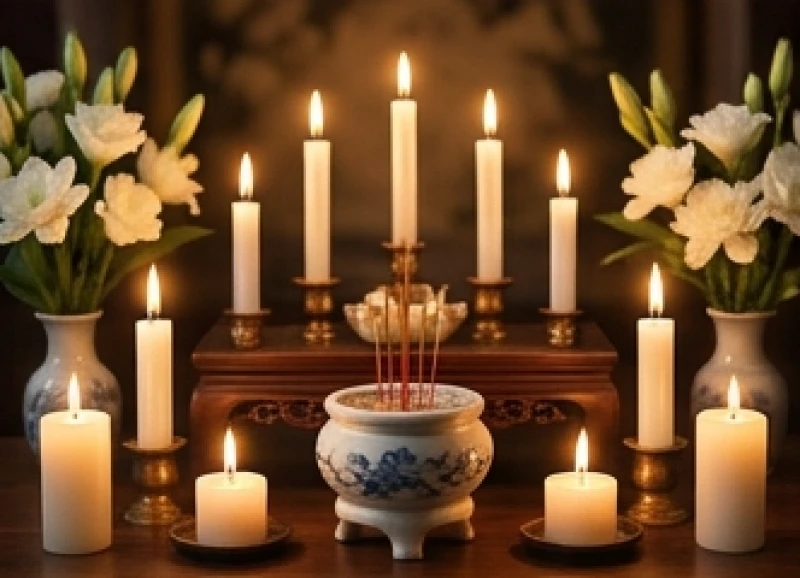 Mâm lễ cúng sao Thái Bạch được bài trí thành tâm với nến và bài vị màu trắng