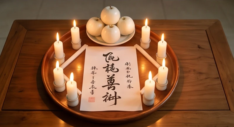 Tử vi tuổi Quý Mùi 1943 năm 2027: Giải sao và phòng bệnh tuổi 85 6 Mâm lễ cúng sao Thái Bạch với bài vị và tám ngọn nến xếp theo bát quái trận đồ