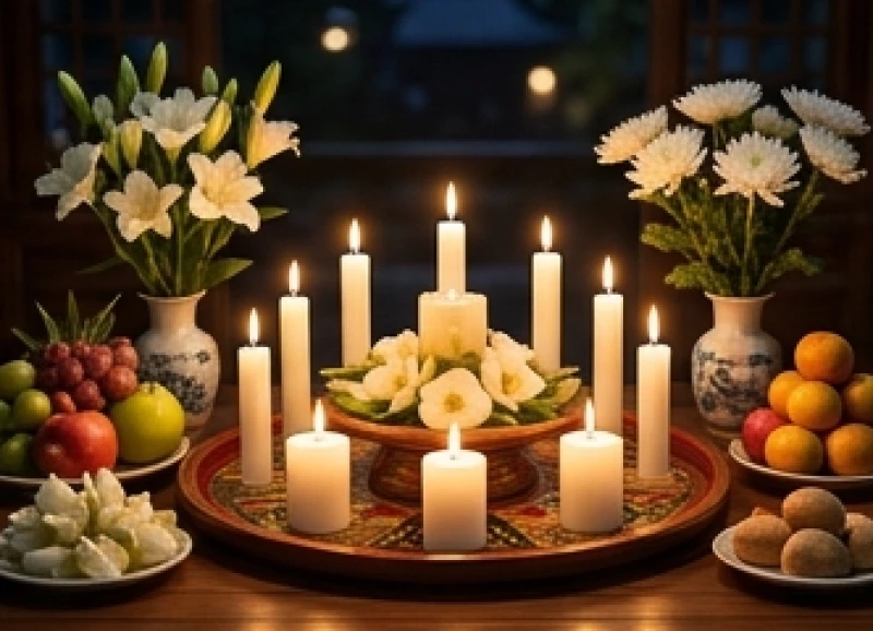 Mâm lễ vật và sơ đồ 8 ngọn nến màu trắng dùng để cúng sao Thái Bạch