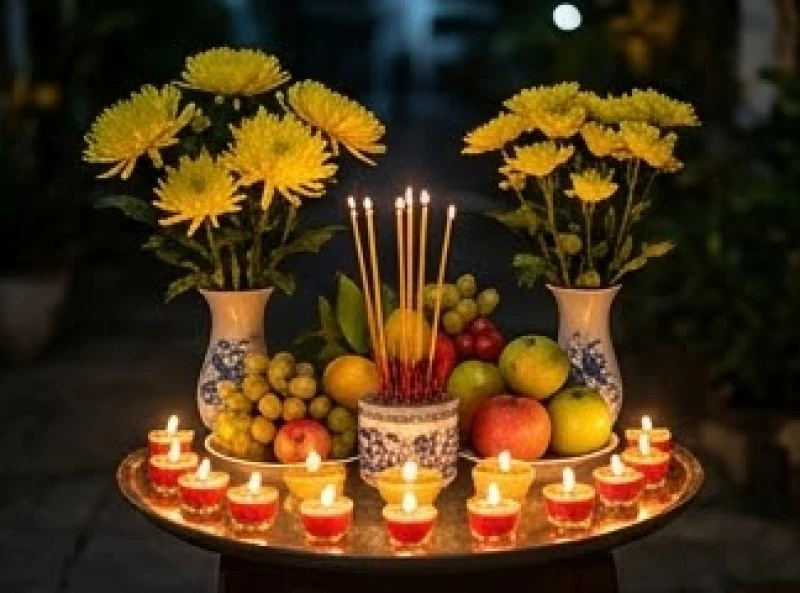 Mâm cúng giải hạn đầu năm được chuẩn bị tinh tươm với hoa tươi và mười hai ngọn nến sáng rực