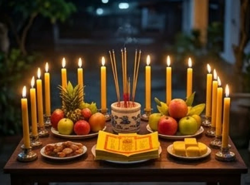 Tử vi tuổi Canh Dần 1950 năm 2026: Cát hung 12 tháng và cúng sao 10 Mâm cúng sao Thái Dương với 12 ngọn nến sáng và bài vị màu vàng được sắp xếp cẩn thận ngoài trời
