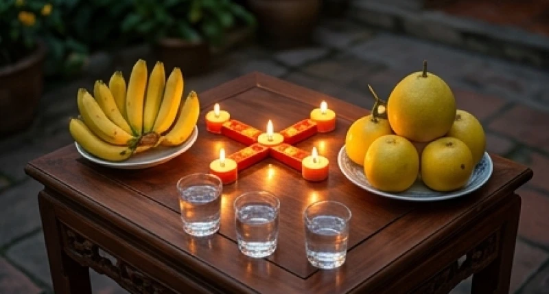 Năm ngọn nến được xếp theo hình chữ thập trên bàn lễ nhỏ đặt ngoài trời hướng về phía Tây