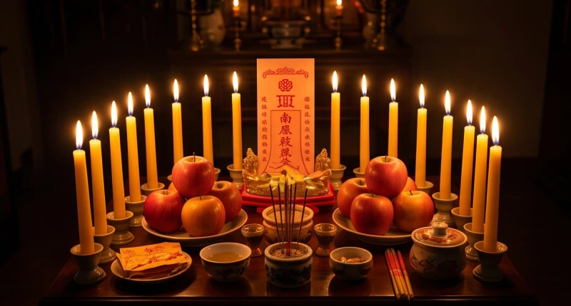 Mâm lễ dâng sao Vân Hớn nổi bật với 15 ngọn nến sáng và các vật phẩm mang sắc đỏ truyền thống