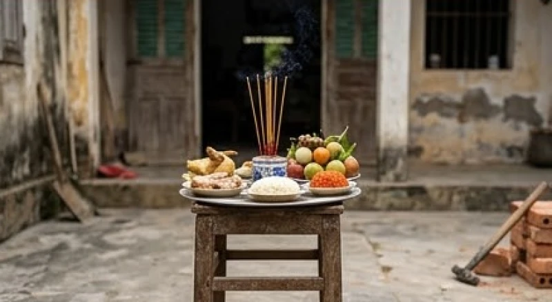 Mâm lễ cúng xin phép sửa chữa nhà cửa được đặt gọn gàng ở khoảng sân trước ngôi nhà cũ đang chuẩn bị được tháo dỡ