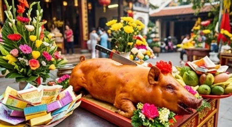 Mâm cúng tạ lễ hoành tráng với heo quay nguyên con da vàng rộm được cắm một con dao nhỏ trên lưng