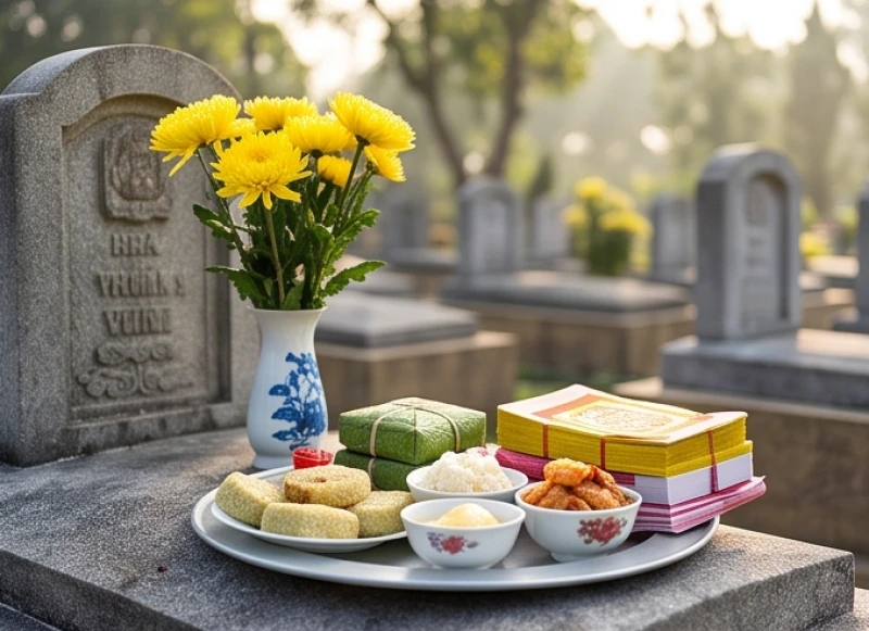 Văn khấn tạ mộ đầu năm: Bài cúng chuẩn và quy trình hạ lễ 2 Mâm lễ tạ mộ đầu năm với hoa cúc vàng tươi, bánh kẹo mùa xuân và xấp tiền vàng mã đặt trang trọng trên bệ đá