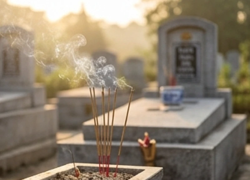 Nghi thức thắp nhang và dâng mâm cúng tạ mộ vào buổi sáng sớm để giúp linh hồn người đã khuất an nghỉ