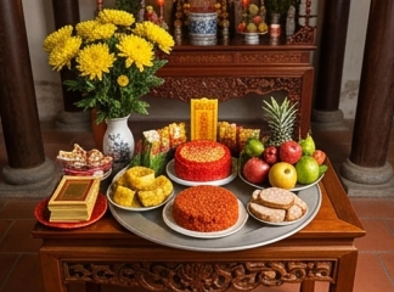 Mâm lễ tạ ơn cuối năm được bày biện đầy đặn với hoa cúc vàng, oản đỏ và lễ vật tươm tất