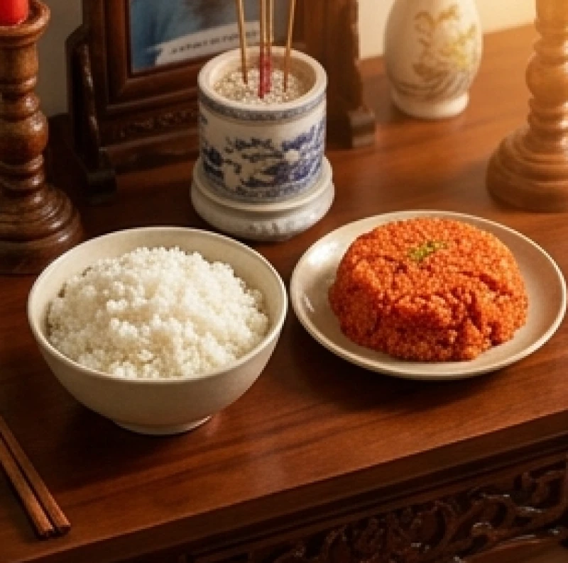 Bát cơm trắng dẻo và đĩa xôi gấc đặt ngay ngắn trên bàn thờ dâng lên các vị thần linh