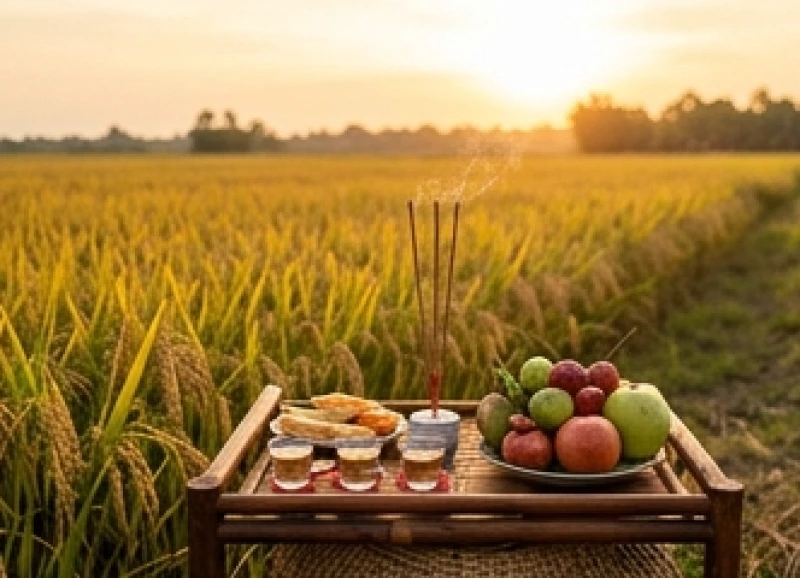 Mâm cúng dân dã đặt ngoài trời giữa cánh đồng lúa chín vàng để tạ ơn thần linh che chở mùa màng
