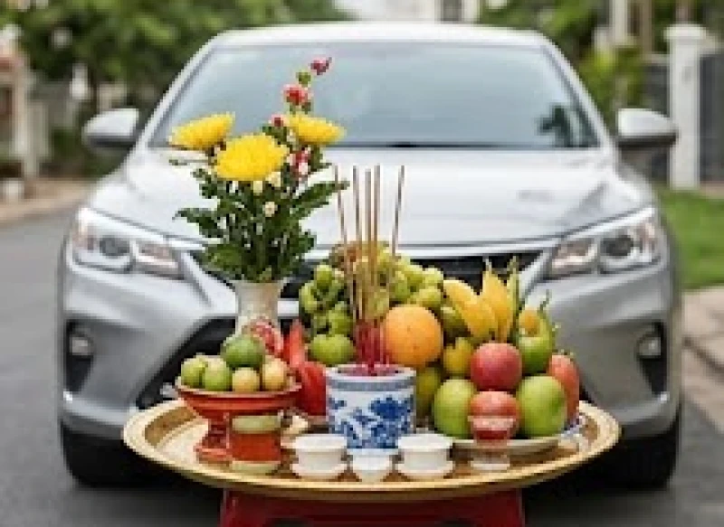 Tuổi Thìn mua xe ngày nào tốt: Bảng tra cứu 12 tháng 10 Mâm lễ cúng xe mới tươm tất với trái cây, hoa tươi và hương nhang đặt trên bàn nhỏ trước mũi xe