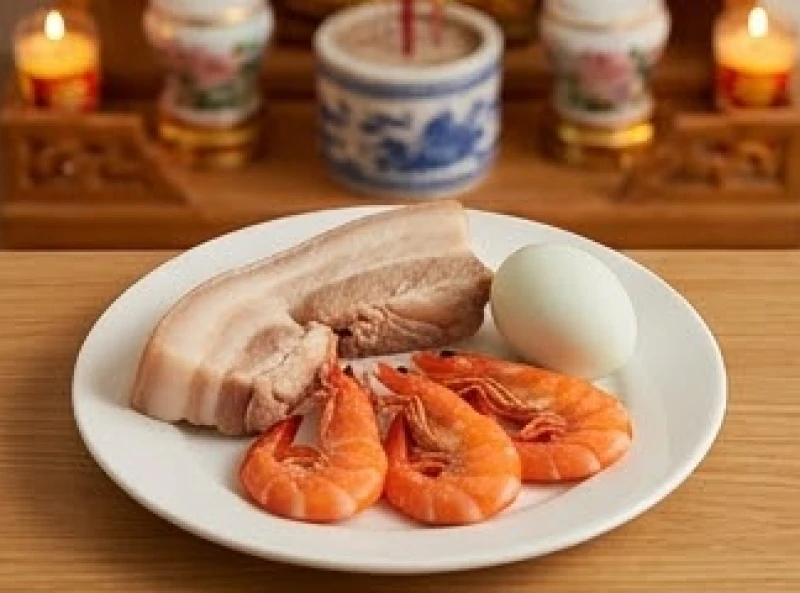 Văn khấn Thần Tài mùng 1: Mâm lễ, giờ hoàng đạo và cách đọc chuẩn 4 Đĩa đồ cúng mặn gồm bộ tam sên với thịt heo luộc, tôm và trứng vịt được đặt trang trọng trước ban thờ