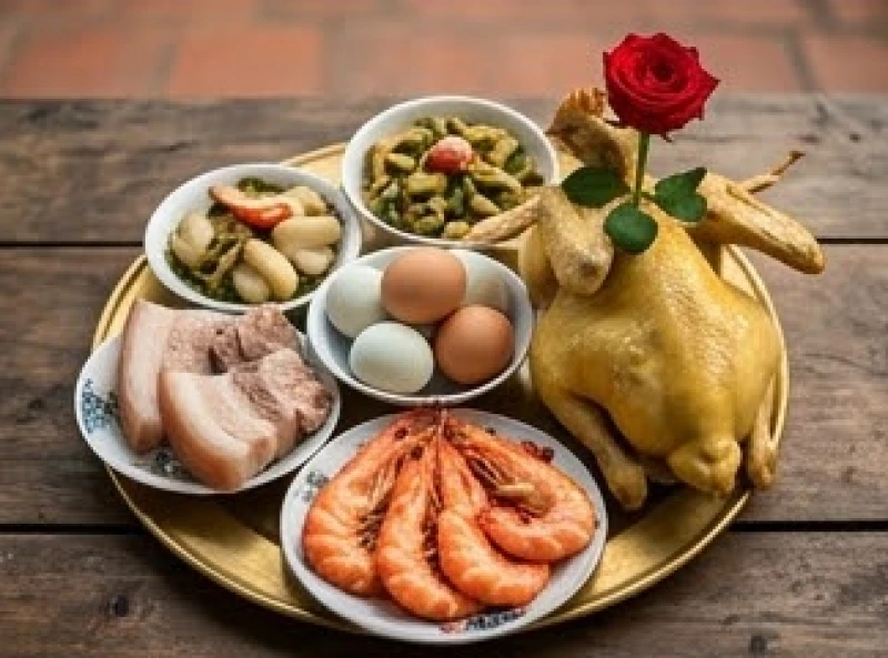 Bộ tam sên và gà luộc chéo cánh ngậm hoa hồng bày trí trang nghiêm trên mâm cúng mặn