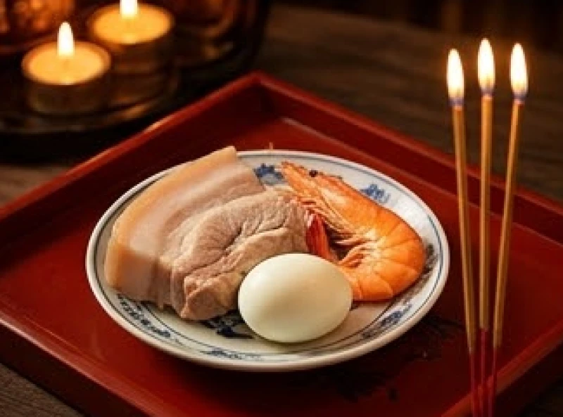 Mâm cúng tam sên giải hạn truyền thống gồm thịt luộc, tôm và trứng đặt trang nghiêm trên bàn