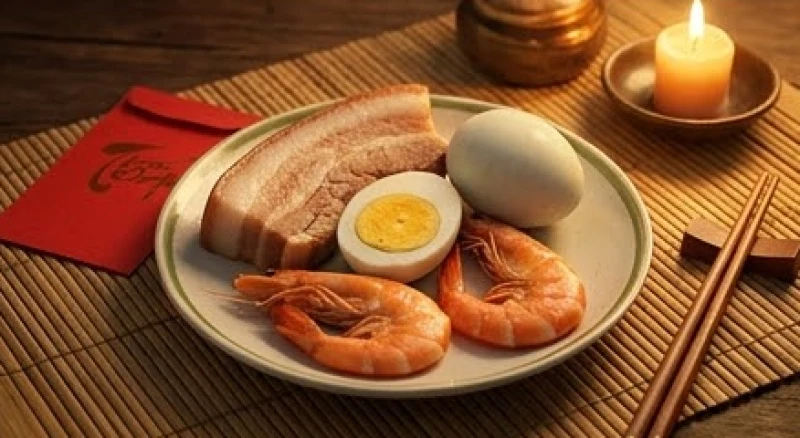 Đĩa tam sên gồm thịt lợn luộc, trứng vịt và tôm bày biện chỉnh tề cạnh gói giấy đỏ