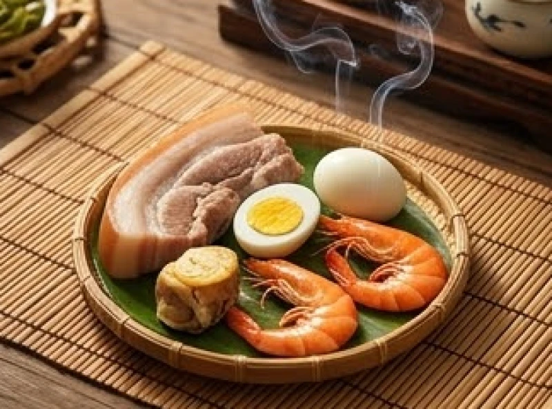 Chọn ngày tốt cho tuổi Tỵ: bảng lịch 12 tháng và văn khấn 8 Bộ tam sên gồm thịt luộc, trứng và tôm bày trí trang trọng trên mâm cúng