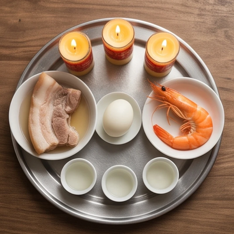 Mâm cúng giải hạn với đầy đủ bộ tam sên gồm tôm trứng thịt và nến nhang truyền thống