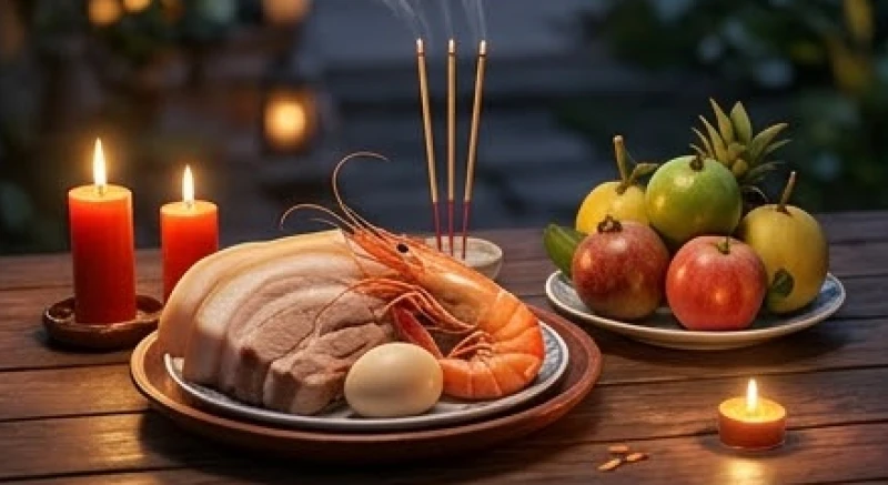 Mâm lễ cúng giải hạn với bộ tam sên, trái cây và hương hoa được bày trí vô cùng trang nghiêm