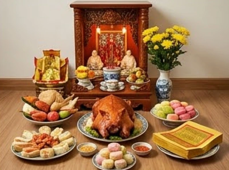 Văn khấn tất niên gia tiên: Bản Nôm chuẩn và trình tự nghi lễ 10 Mâm cúng tất niên đặt dưới đất trước ban Thần tài với thịt heo quay và đồ ngọt chiêu tài