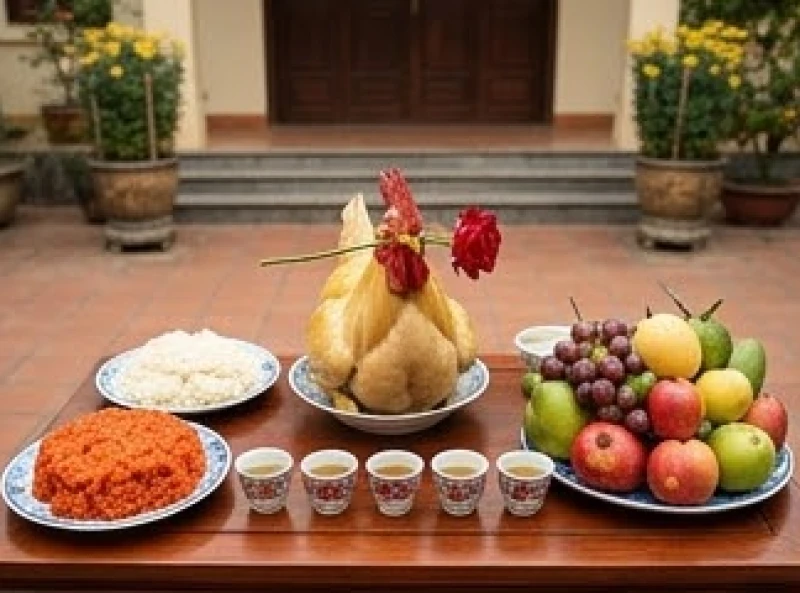 Bàn lễ cúng tất niên được đặt ở ngoài sân với gà luộc ngậm hoa hồng, đĩa ngũ quả và các chén rượu