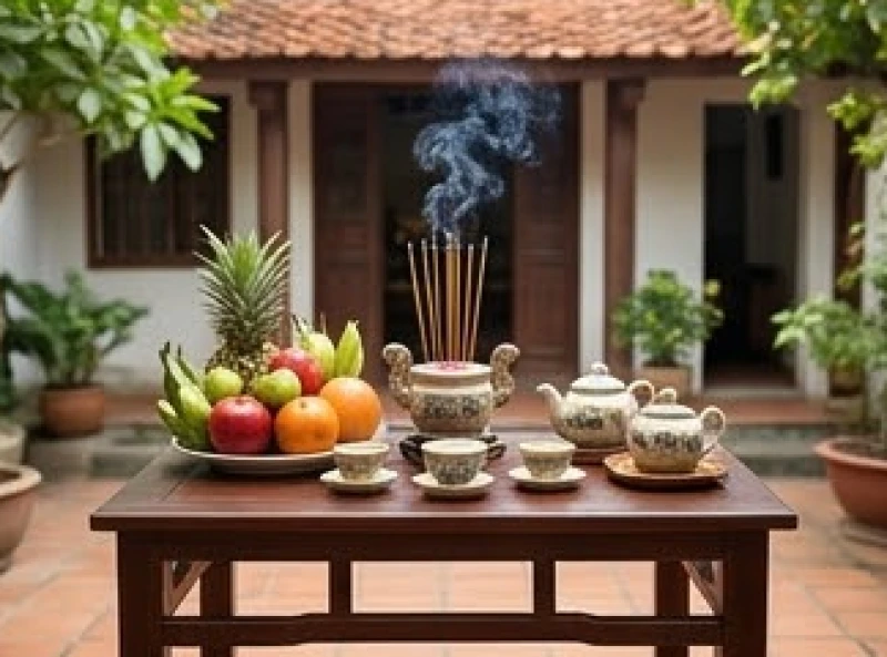 Văn khấn tất niên gia tiên: Bản Nôm chuẩn và trình tự nghi lễ 8 Mâm lễ cúng tất niên được đặt trên bàn nhỏ ngoài sân hướng lên trời để tạ ơn thần linh
