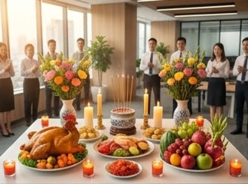 Văn khấn tất niên tại công ty: Bài cúng chuẩn không lẫn gia tiên 1 Toàn cảnh mâm cúng tất niên văn phòng với hoa quả, xôi gà và hương đăng trang trọng