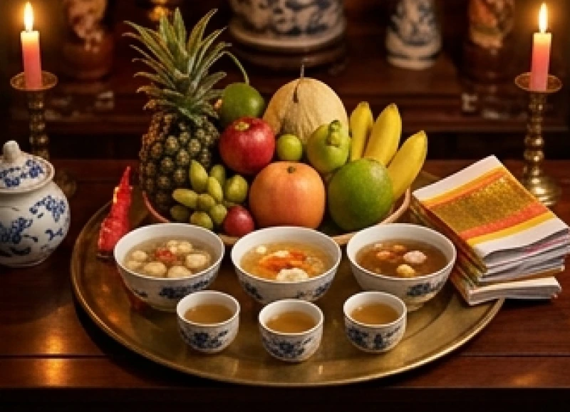 Mâm cỗ chay thanh tịnh cùng hoa quả tươi chuẩn bị cho lễ nghênh Thái Tuế