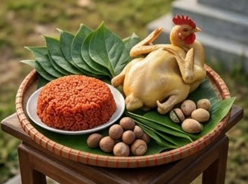 Mâm cúng thần linh mặn với xôi, gà trống luộc và trầu cau têm sẵn